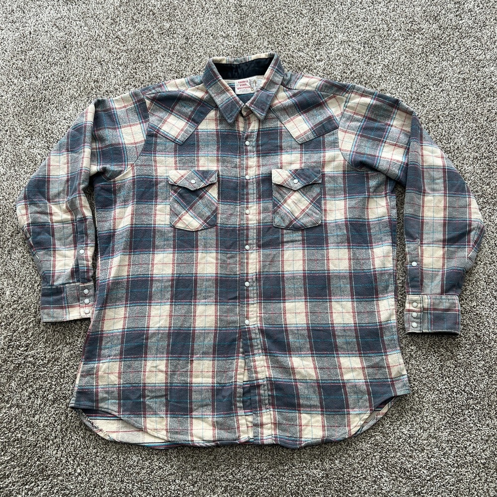 Saddle King Flannel Mens XXL Pearl Snap Blue Western Rodeo Cowboy Plaid Relaxed